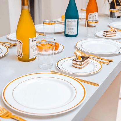 175pcs Food-Grade Wedding Event Banquet Disposable Tableware Dinnerware Gold-Edged Plastic Cutlery Pack of 25 V985-TABLEWARESET