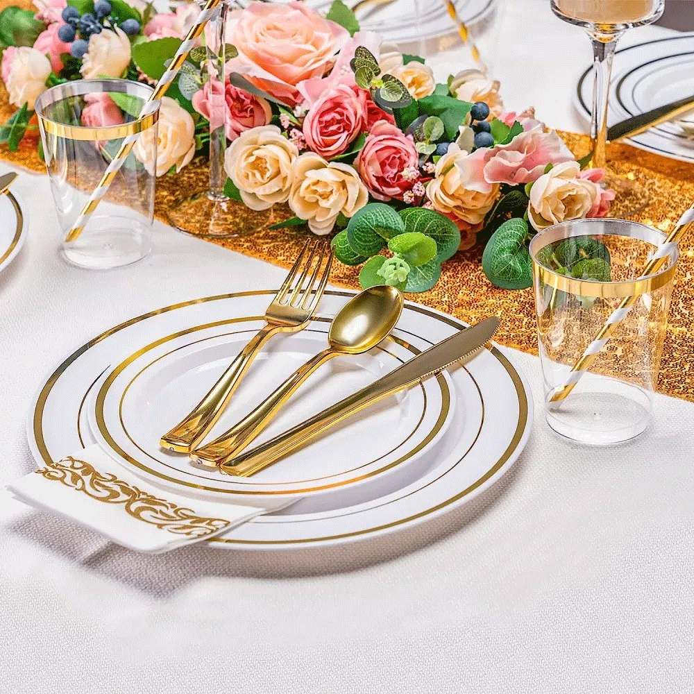 175pcs Food-Grade Wedding Event Banquet Disposable Tableware Dinnerware Gold-Edged Plastic Cutlery Pack of 25 V985-TABLEWARESET