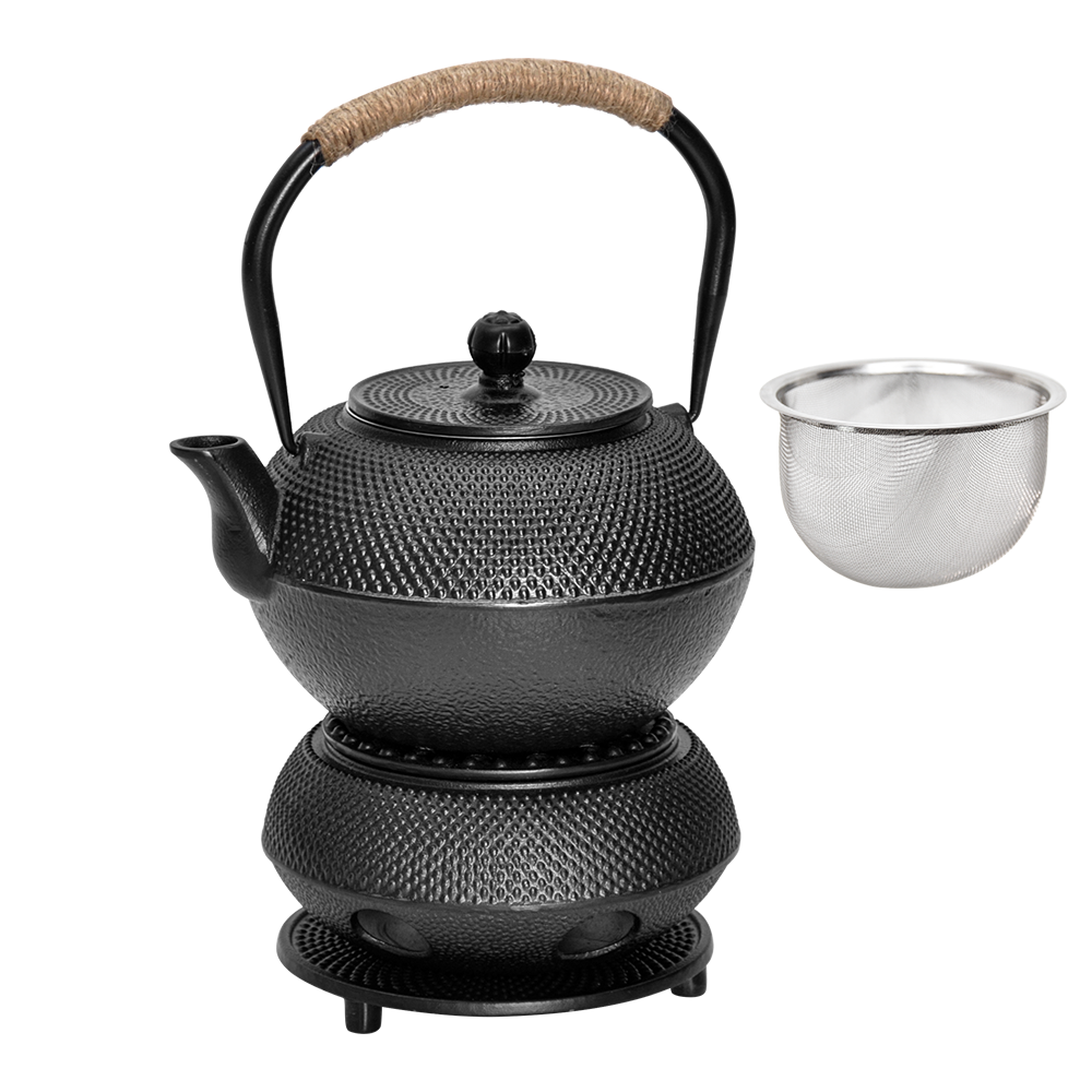 1.2L Cast Iron Teapot and Warmer Set Tea Kettle Iron Bottle With Stainless Steel Mesh Infuser and Anti-Scald V985-TEAPOTSET