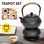 1.2L Cast Iron Teapot and Warmer Set Tea Kettle Iron Bottle With Stainless Steel Mesh Infuser and Anti-Scald V985-TEAPOTSET