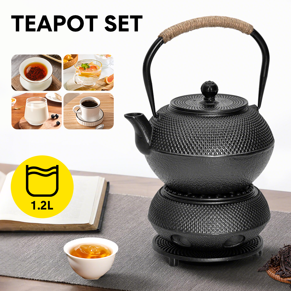 1.2L Cast Iron Teapot and Warmer Set Tea Kettle Iron Bottle With Stainless Steel Mesh Infuser and Anti-Scald V985-TEAPOTSET