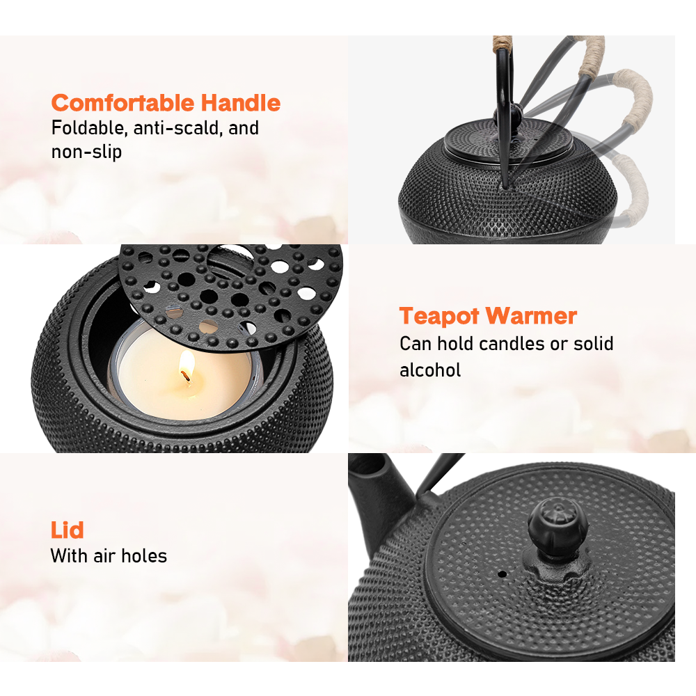 1.2L Cast Iron Teapot and Warmer Set Tea Kettle Iron Bottle With Stainless Steel Mesh Infuser and Anti-Scald V985-TEAPOTSET