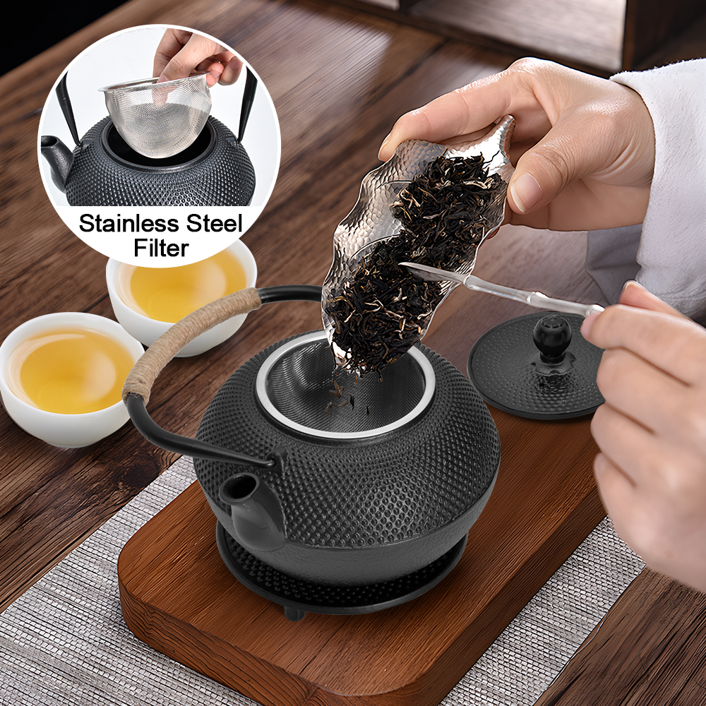 1.2L Cast Iron Teapot and Warmer Set Tea Kettle Iron Bottle With Stainless Steel Mesh Infuser and Anti-Scald V985-TEAPOTSET