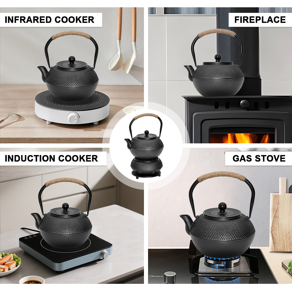 1.2L Cast Iron Teapot and Warmer Set Tea Kettle Iron Bottle With Stainless Steel Mesh Infuser and Anti-Scald V985-TEAPOTSET
