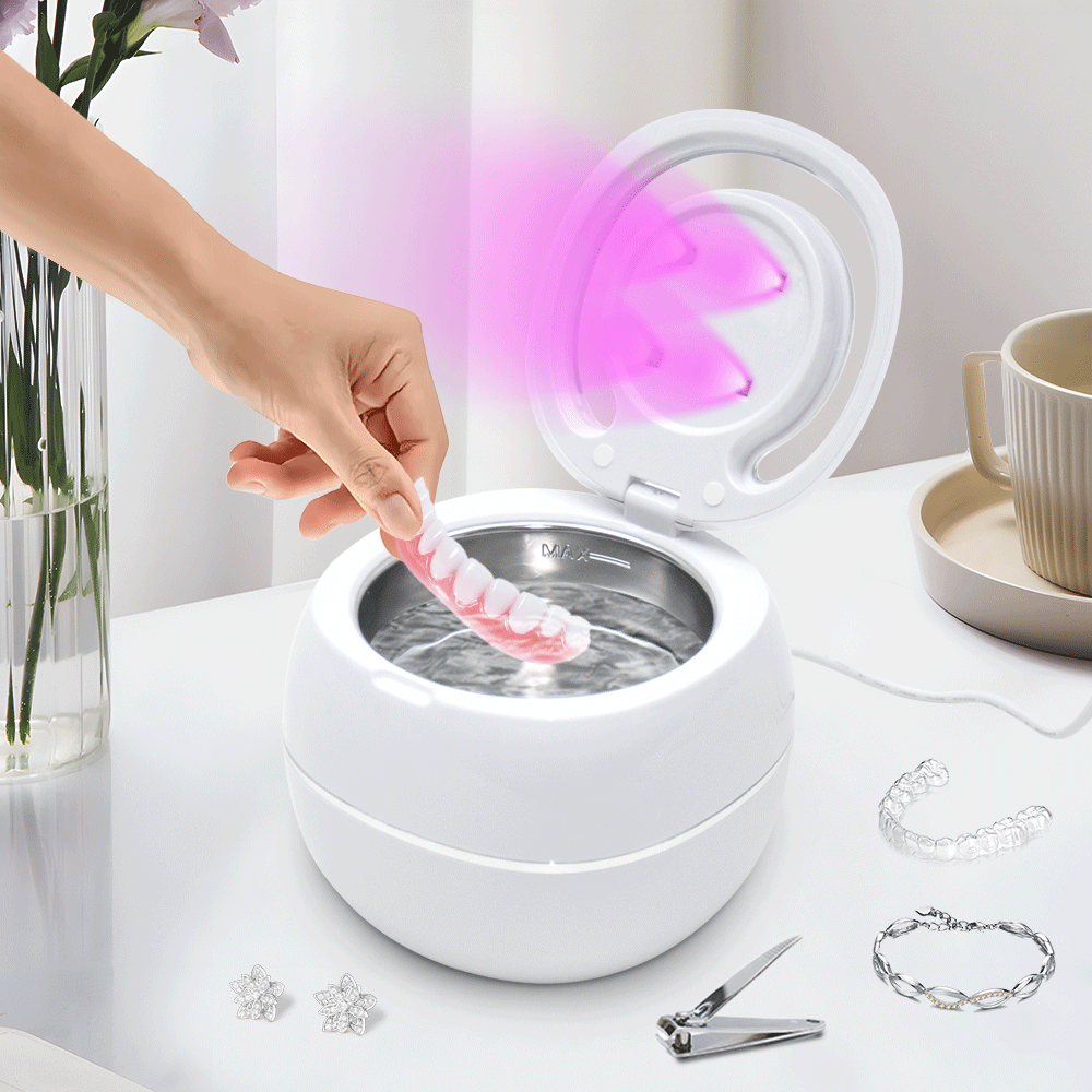 Ultrasonic UV Cleaner Portable 42khz Dual Mode Cleaner 180-220ml with Chamber and Timer for Dentures Aligner V985-ULTRASONICCLEANER