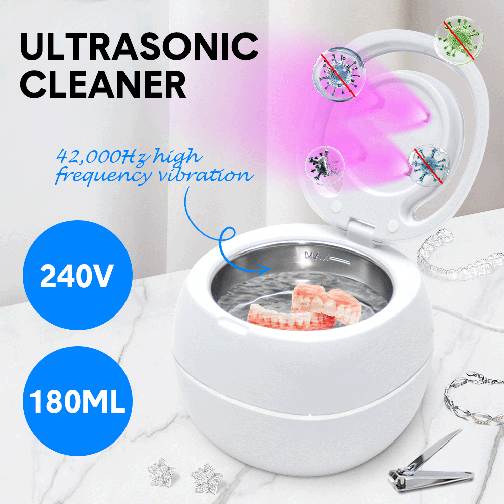 Ultrasonic UV Cleaner Portable 42khz Dual Mode Cleaner 180-220ml with Chamber and Timer for Dentures Aligner V985-ULTRASONICCLEANER