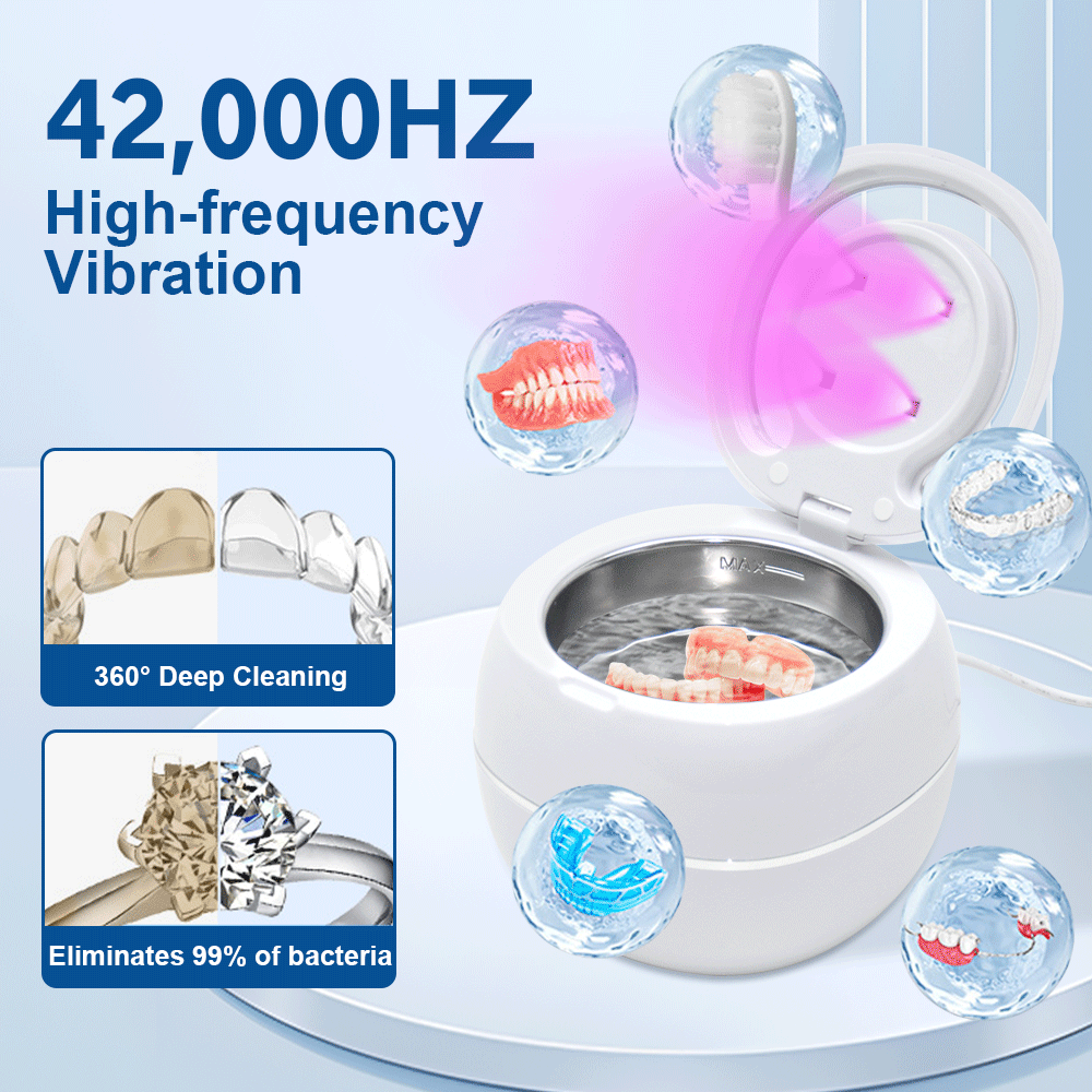 Ultrasonic UV Cleaner Portable 42khz Dual Mode Cleaner 180-220ml with Chamber and Timer for Dentures Aligner V985-ULTRASONICCLEANER