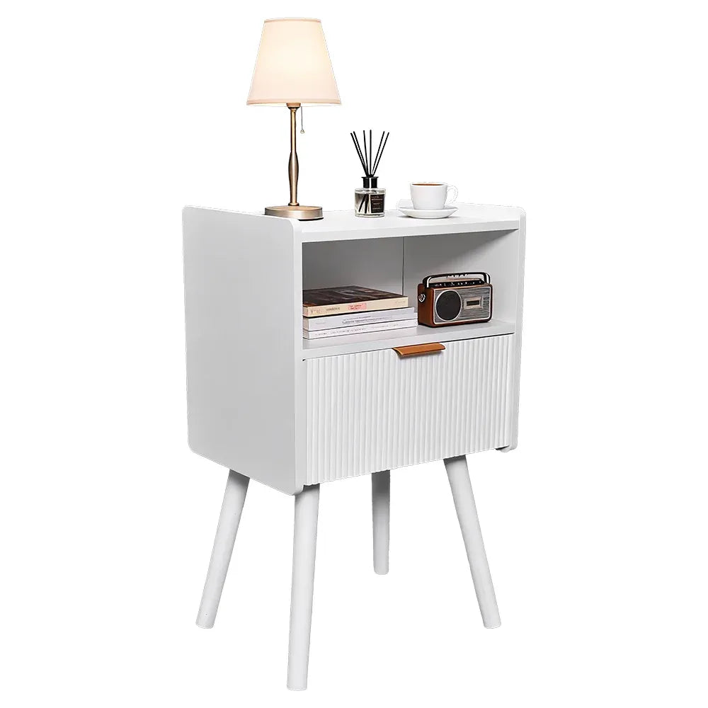 White Nightstand Modern Solid Wooden Open Shelf Bedside Table with One Storage Drawer and Solid Legs for Living Room Bedroom Apartment Easy Assembly