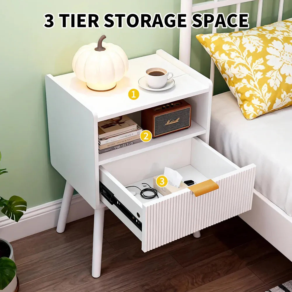 White Nightstand Modern Solid Wooden Open Shelf Bedside Table with One Storage Drawer and Solid Legs for Living Room Bedroom Apartment Easy Assembly
