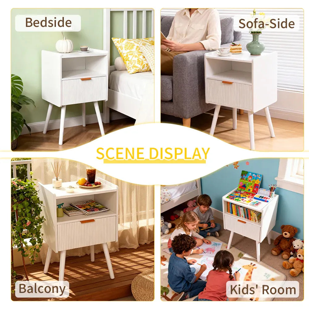 White Nightstand Modern Solid Wooden Open Shelf Bedside Table with One Storage Drawer and Solid Legs for Living Room Bedroom Apartment Easy Assembly