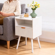 White Nightstand Modern Solid Wooden Open Shelf Bedside Table with One Storage Drawer and Solid Legs for Living Room Bedroom Apartment Easy Assembly