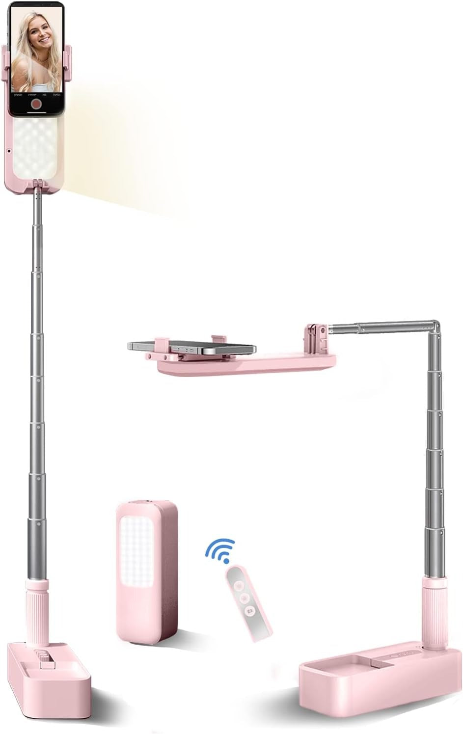 Selfie Stand with 360 degrees Rotates Phone Holder, Foldable/Rechargeable/Wireless/Overhead Recording with V986-V6-PINK