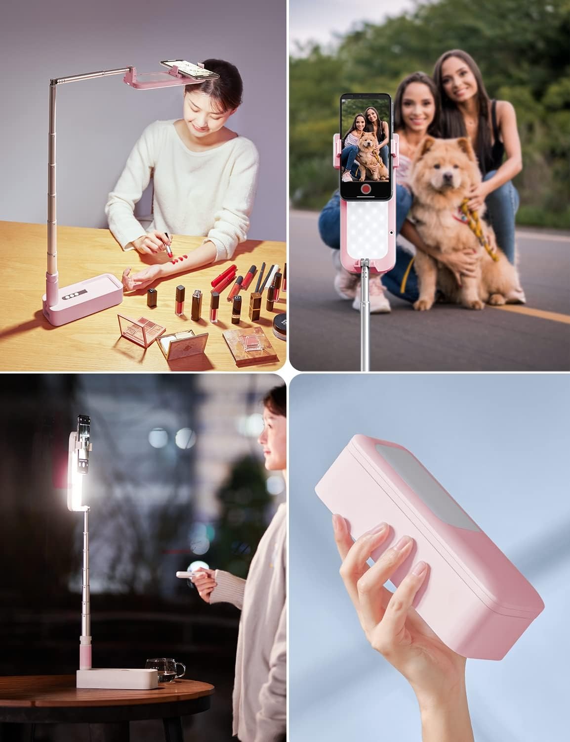 Selfie Stand with 360 degrees Rotates Phone Holder, Foldable/Rechargeable/Wireless/Overhead Recording with V986-V6-PINK