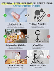 Selfie Stand with 360 degrees Rotates Phone Holder, Foldable/Rechargeable/Wireless/Overhead Recording with V986-V6-PINK