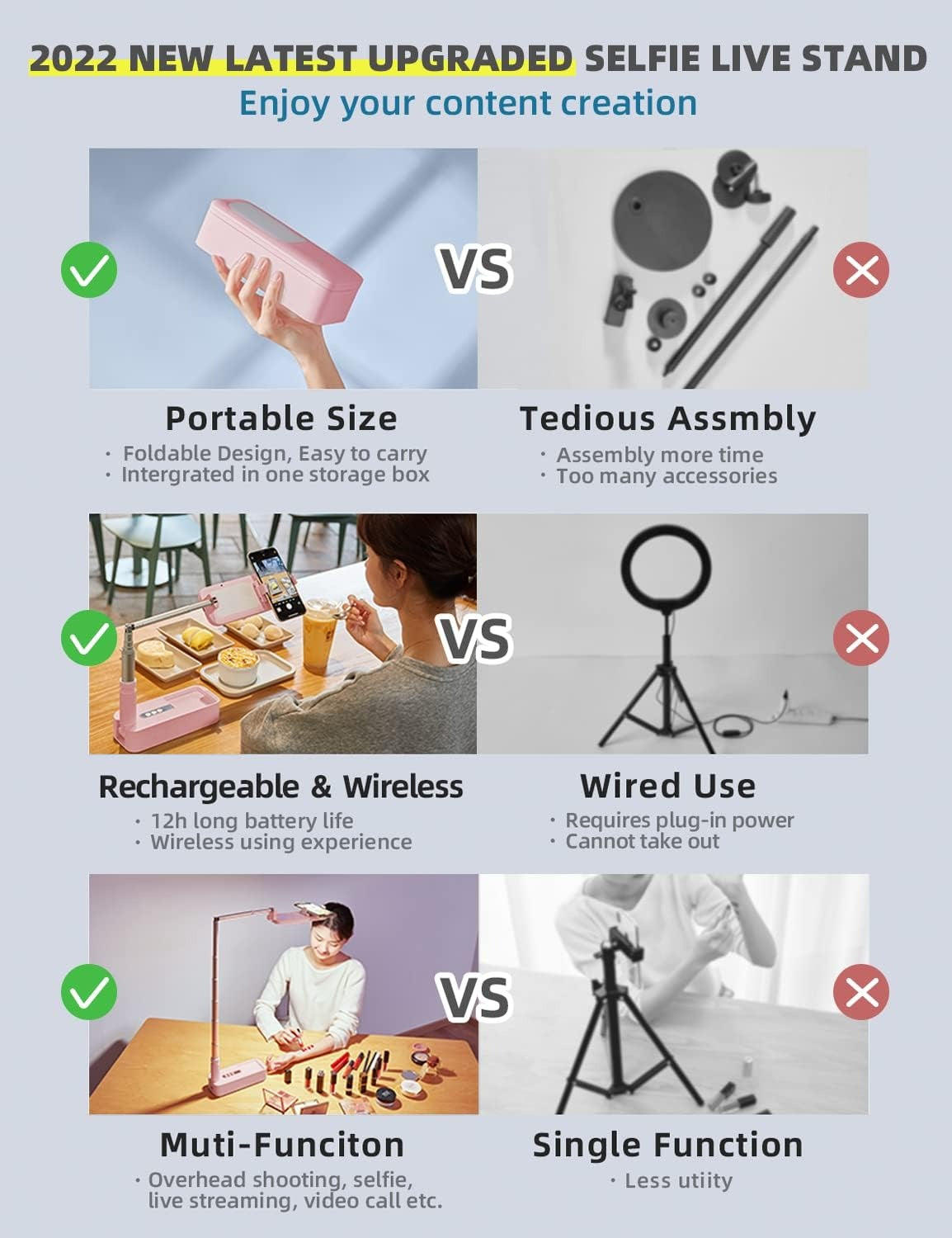 Selfie Stand with 360 degrees Rotates Phone Holder, Foldable/Rechargeable/Wireless/Overhead Recording with V986-V6-PINK