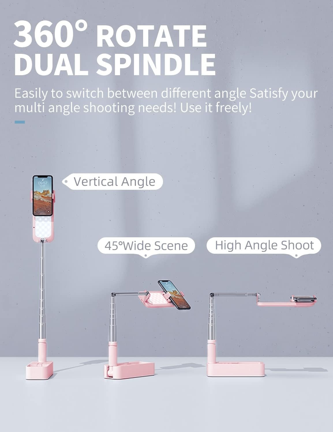 Selfie Stand with 360 degrees Rotates Phone Holder, Foldable/Rechargeable/Wireless/Overhead Recording with V986-V6-PINK