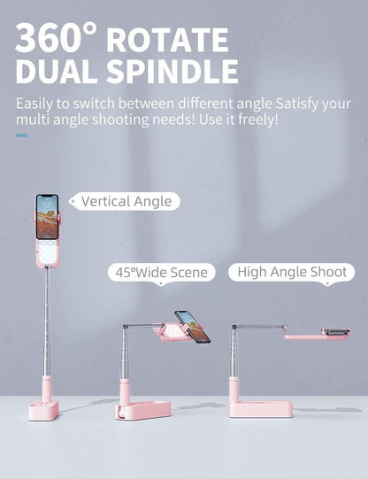 Selfie Stand with 360 degrees Rotates Phone Holder, Foldable/Rechargeable/Wireless/Overhead Recording with V986-V6-PINK