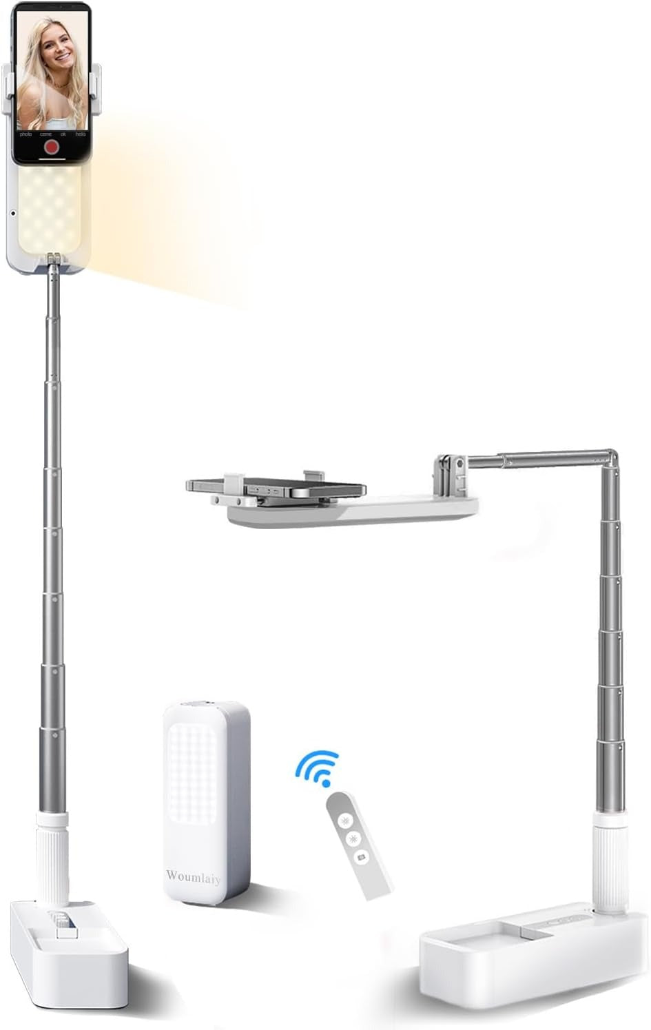 Selfie Stand with 360 degrees Rotates Phone Holder, Foldable/Rechargeable/Wireless/Overhead Recording with V986-V6-WHITE