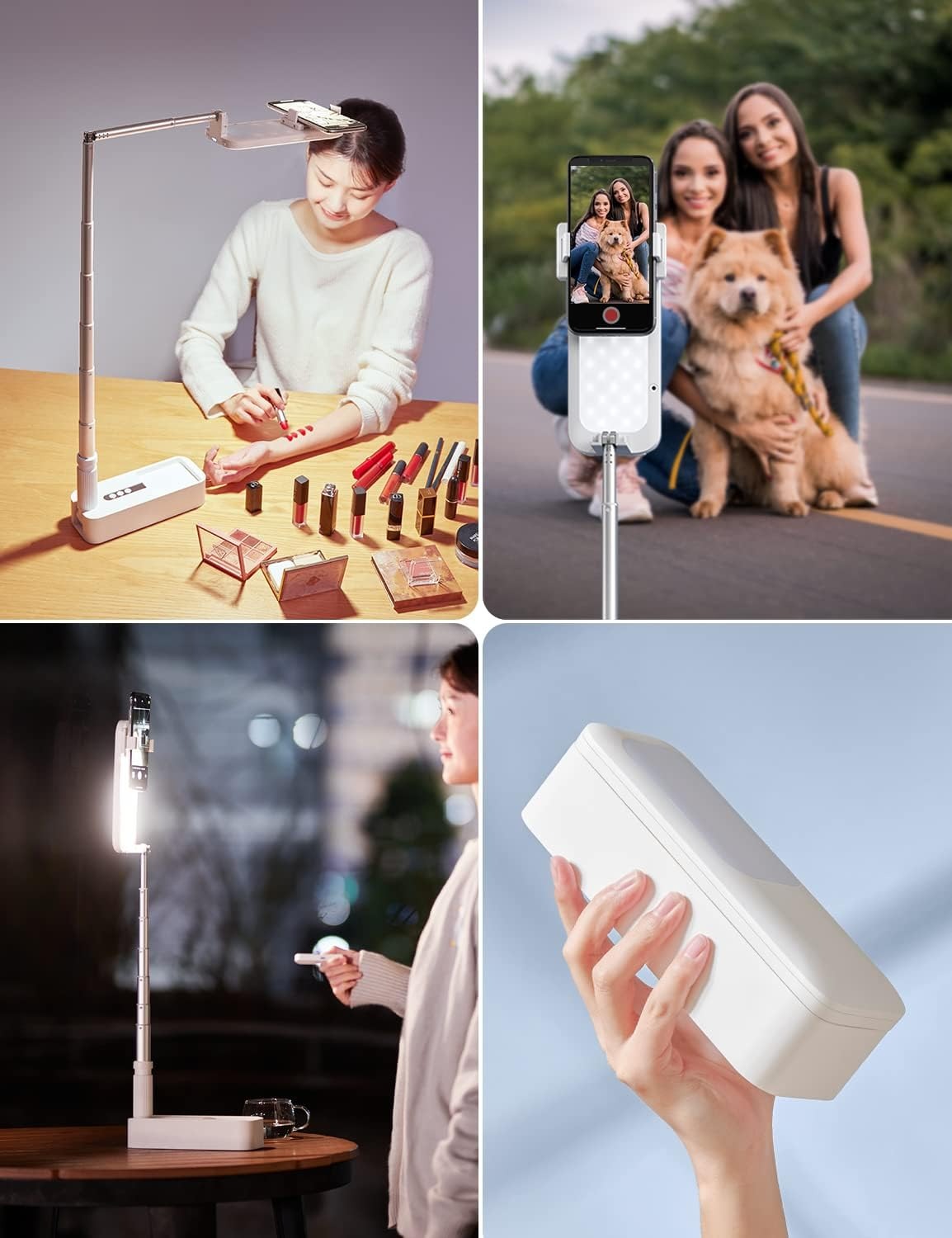 Selfie Stand with 360 degrees Rotates Phone Holder, Foldable/Rechargeable/Wireless/Overhead Recording with V986-V6-WHITE