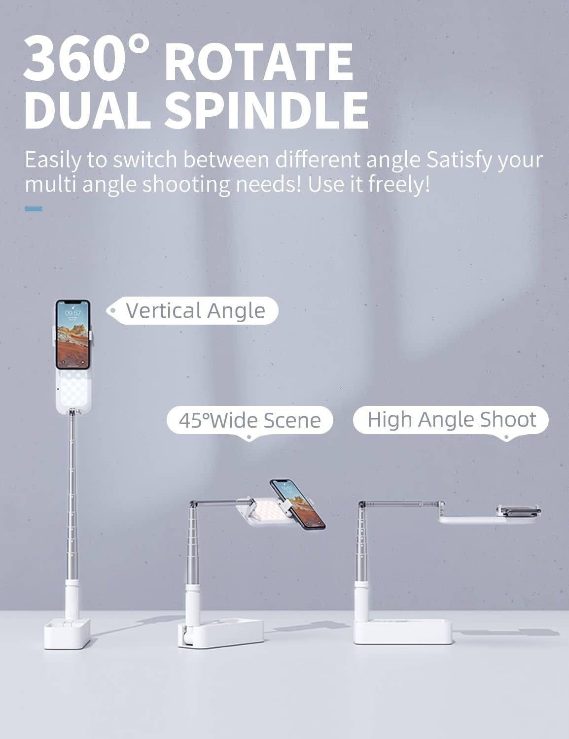Selfie Stand with 360 degrees Rotates Phone Holder, Foldable/Rechargeable/Wireless/Overhead Recording with V986-V6-WHITE