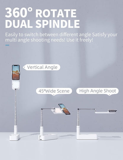 Selfie Stand with 360 degrees Rotates Phone Holder, Foldable/Rechargeable/Wireless/Overhead Recording with V986-V6-WHITE