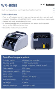 Weirong 9088 UV/MG LCD Display Bill Counter Multi-Currencies Counting Machine Cash Detector AUD/EUR/USD/TRY V986-WR-9088-2