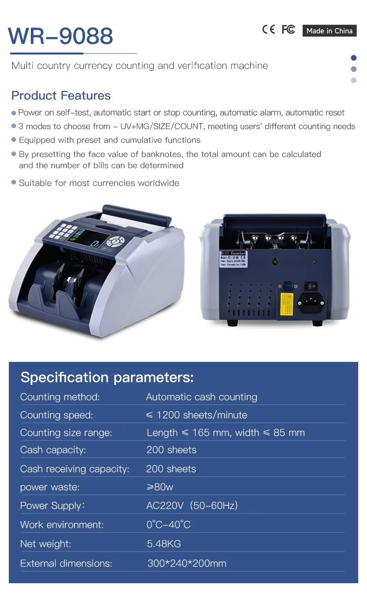 Weirong 9088 UV/MG LCD Display Bill Counter Multi-Currencies Counting Machine Cash Detector AUD/EUR/USD/TRY V986-WR-9088-2
