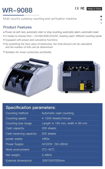 Weirong 9088 UV/MG LCD Display Bill Counter Multi-Currencies Counting Machine Cash Detector AUD/EUR/USD/TRY V986-WR-9088-2