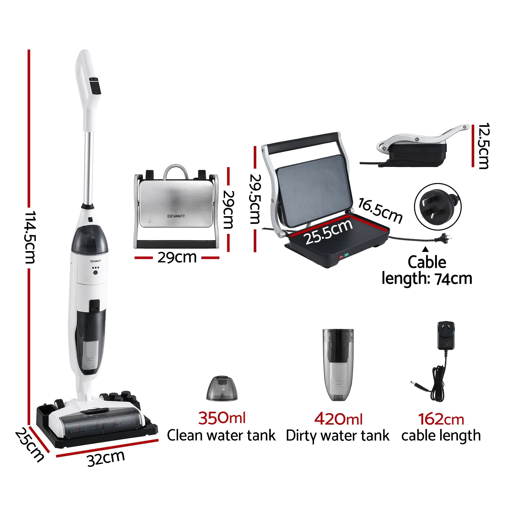 Devanti Cordless Wet Dry Vacuum Mop plus Sandwich Maker Panini Press