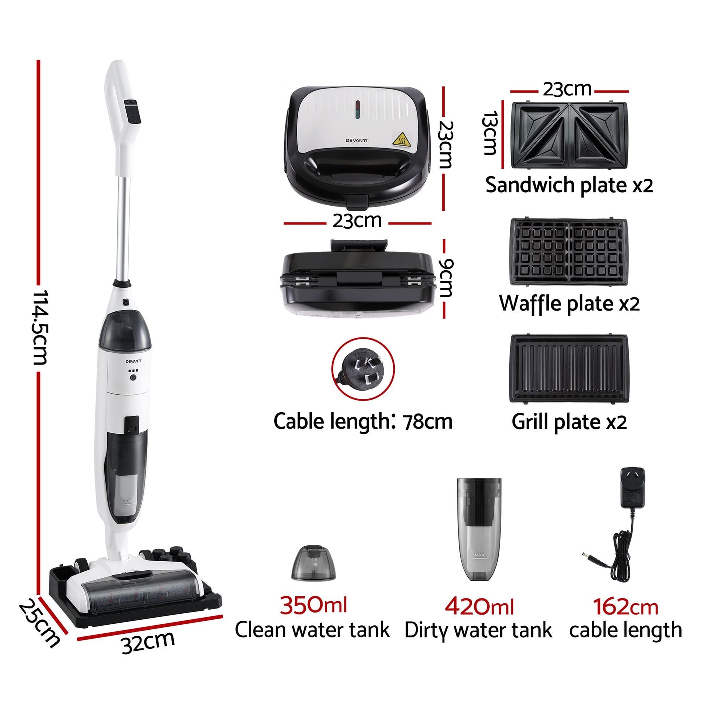 Devanti Cordless Wet Dry Vacuum Mop plus 3-in-1 Sandwich Waffle Maker
