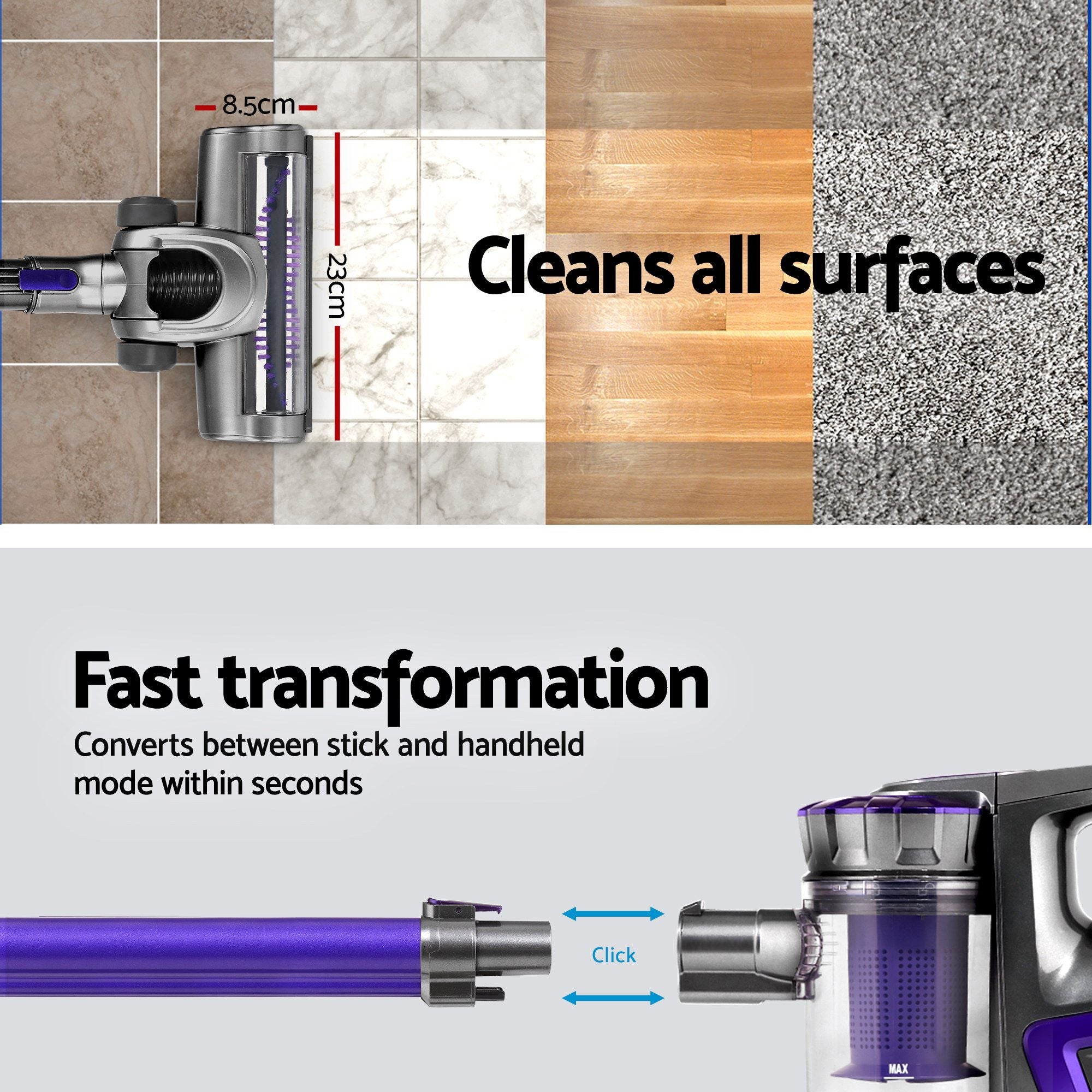 Devanti Stick Vacuum Cleaner Bagless Cordless 150W Purple VAC-CL-09E-GY-PP