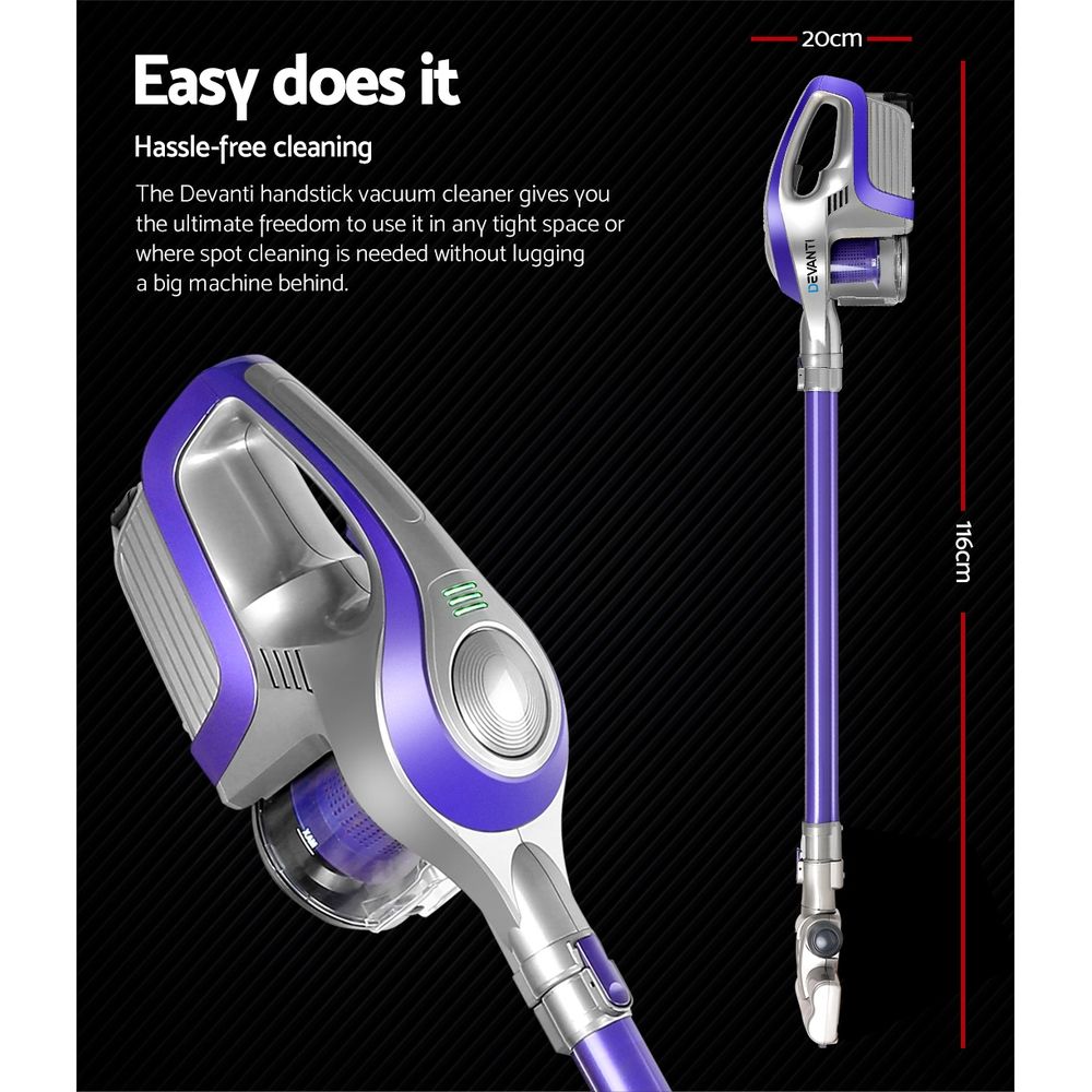 Devanti Stick Vacuum Cleaner Bagless Cordless 150W Purple VAC-CL-150-GY-PP