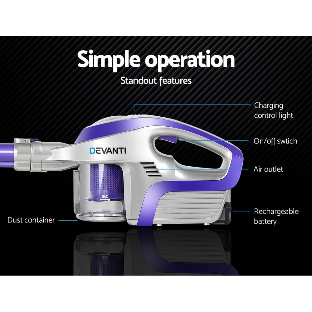 Devanti Stick Vacuum Cleaner Bagless Cordless 150W Purple VAC-CL-150-GY-PP