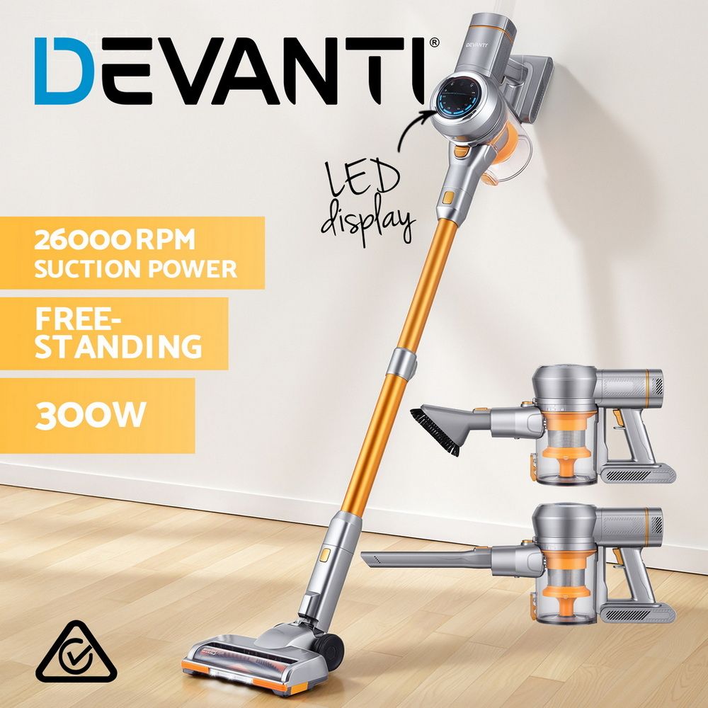 Devanti 300W Stick Vacuum Cleaner Cordless Self-Standing Golden VAC-CL-207-GD