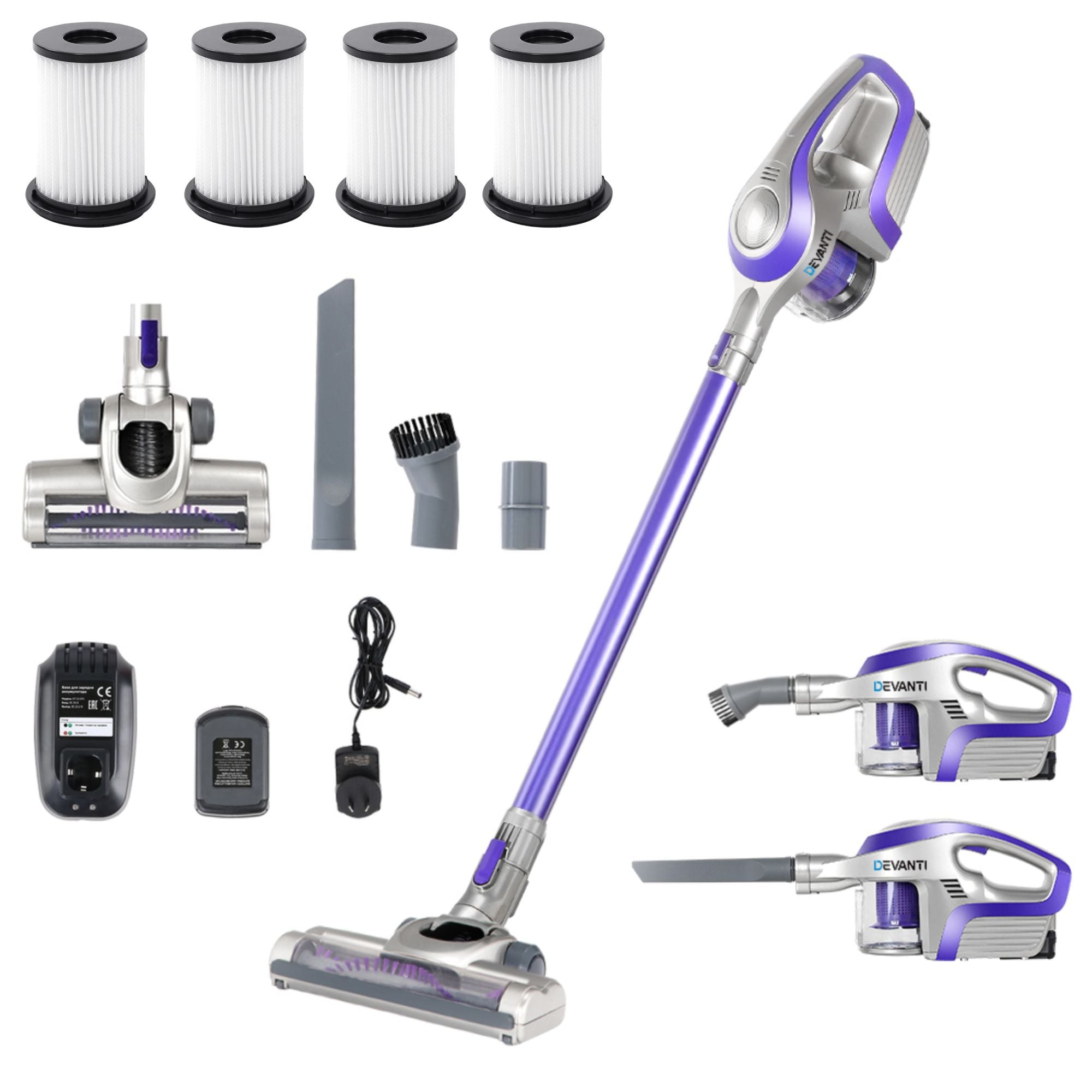 Devanti Stick Vacuum Cleaner Cordless HEPA Filter Purple 150W