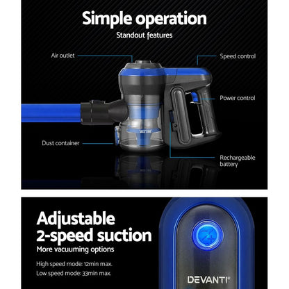 Devanti Stick Vacuum Cleaner Brushless Cordless 250W Blue VAC-CL-H-B8-BL