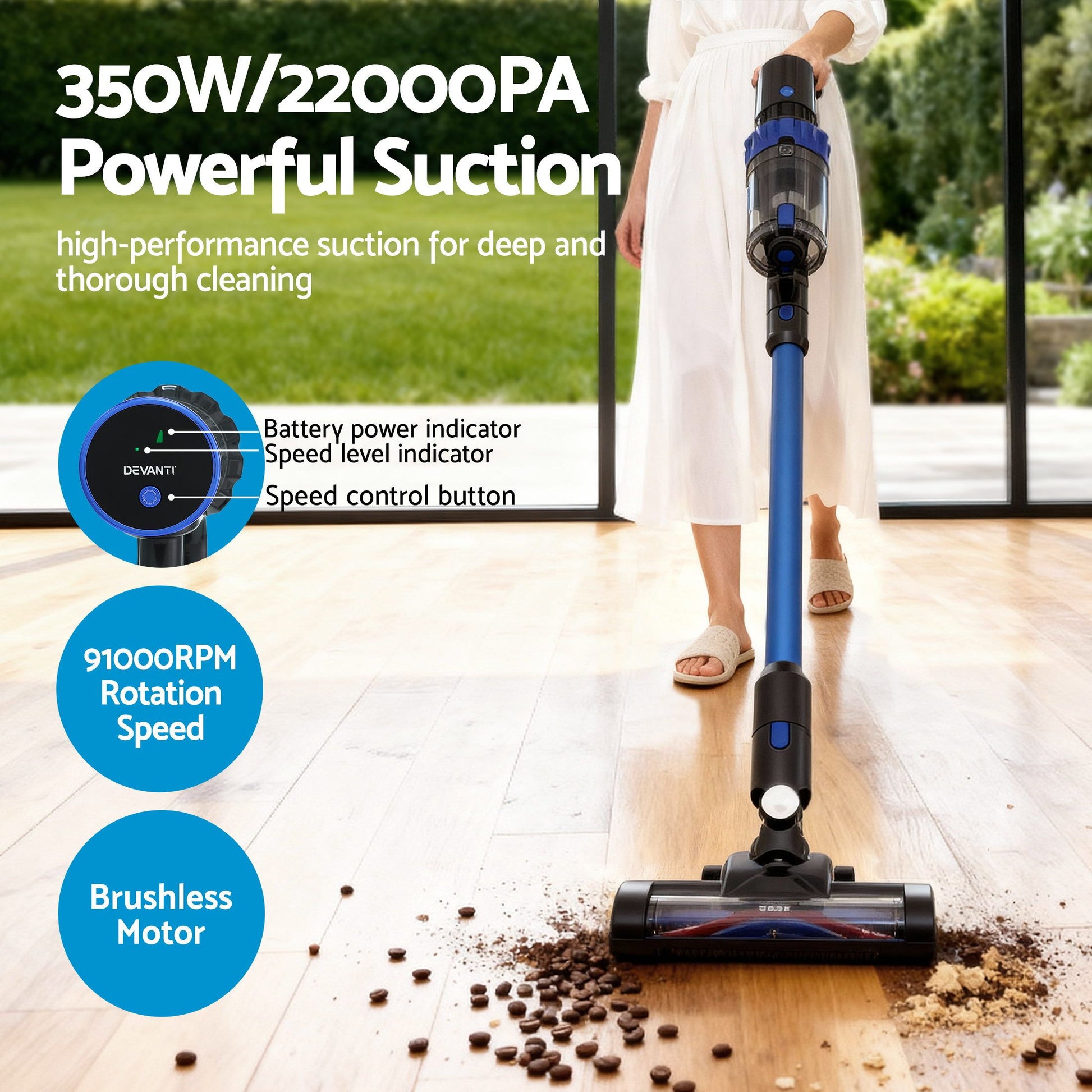 Devanti Stick Vacuum Cleaner Brushless Cordless 350W Blue VAC-CL-H-C9-BL