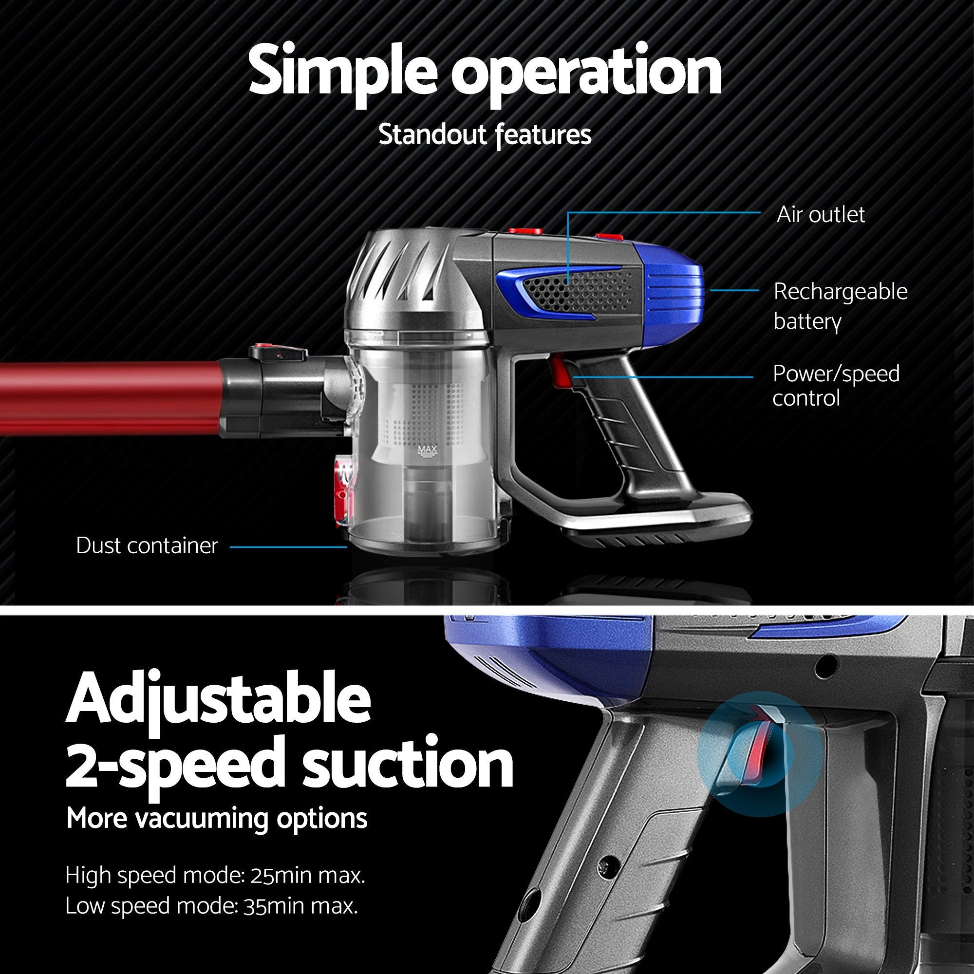 Devanti Stick Vacuum Cleaner Bagless Cordless Red 150W VAC-CL-K7-RD