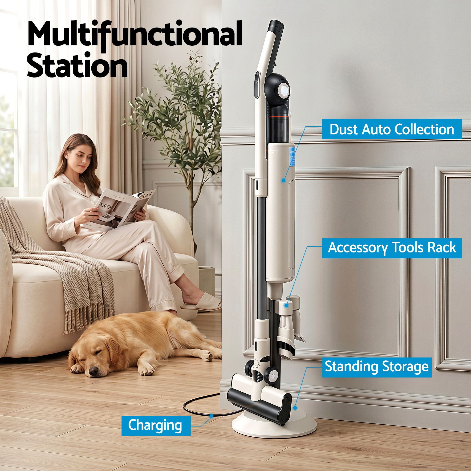 Devanti Cordless Vacuum Cleaner with Auto-Empty Dust Station, 18kPa Powerful Suction 1.05kg Lightweight VAC-CL-V1P-CE