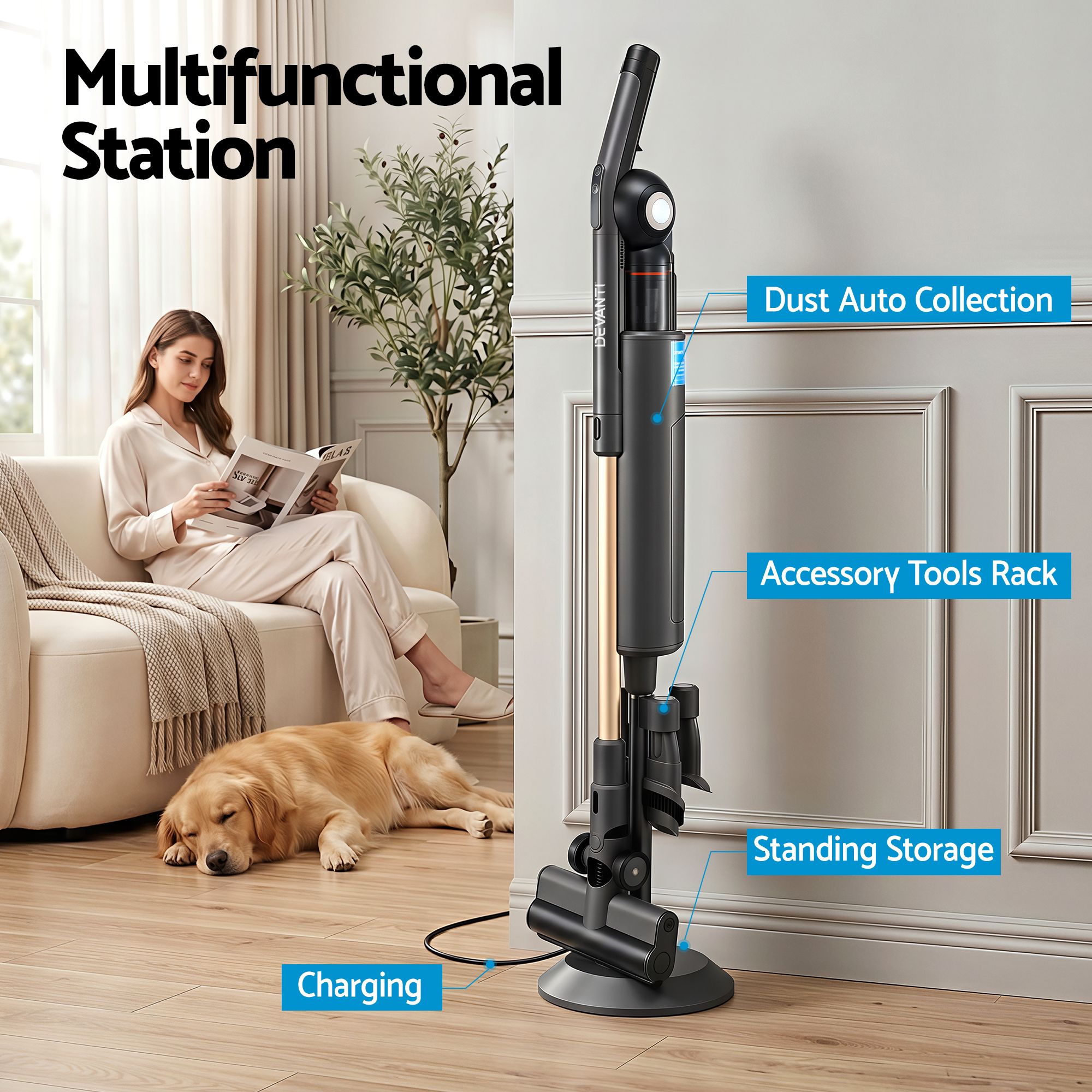 Devanti Cordless Vacuum Cleaner with Auto-Empty Dust Station, 18kPa Powerful Suction 1.05kg Lightweight VAC-CL-V1P-GY