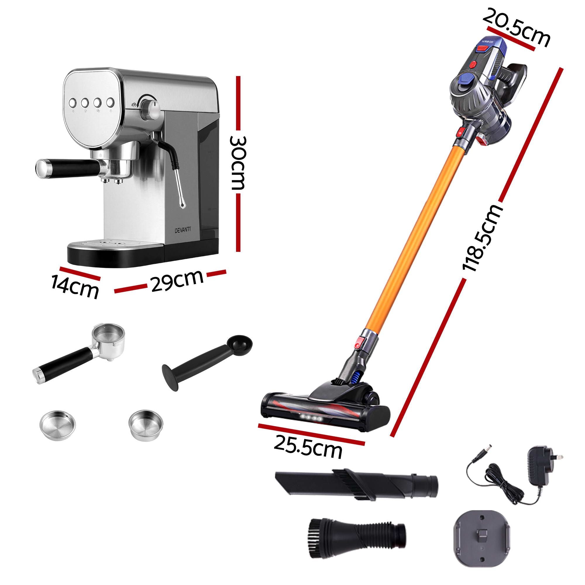 Devanti K7 Cordless Stick Vacuum Cleaner plus Coffee Maker Machine Espresso
