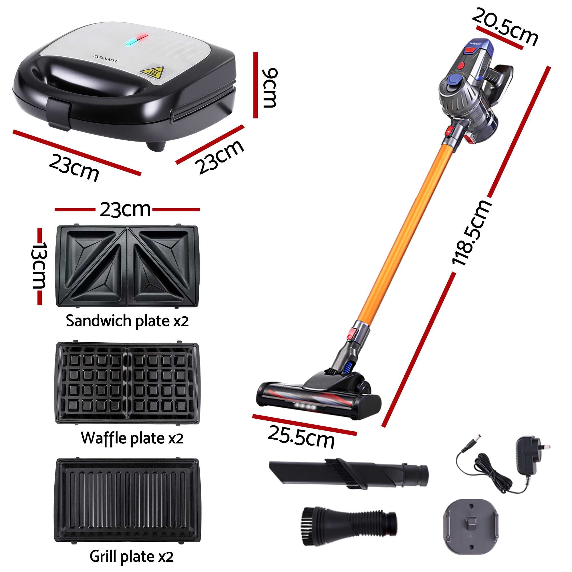 Devanti K7 Cordless Stick Vacuum Cleaner plus 3-in-1 Sandwich Maker
