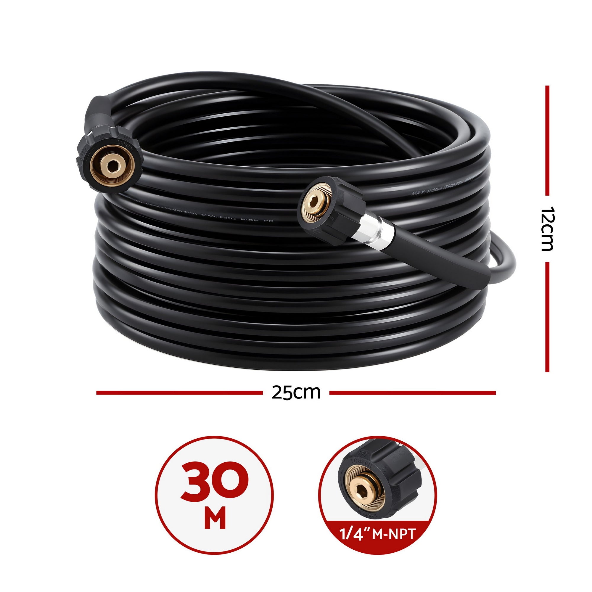 Giantz Pressure Washer Hose 30M 5800PSI Power Replacement Extension 1/4'' Quick Connect WASHER-HOSE-30M-BLK