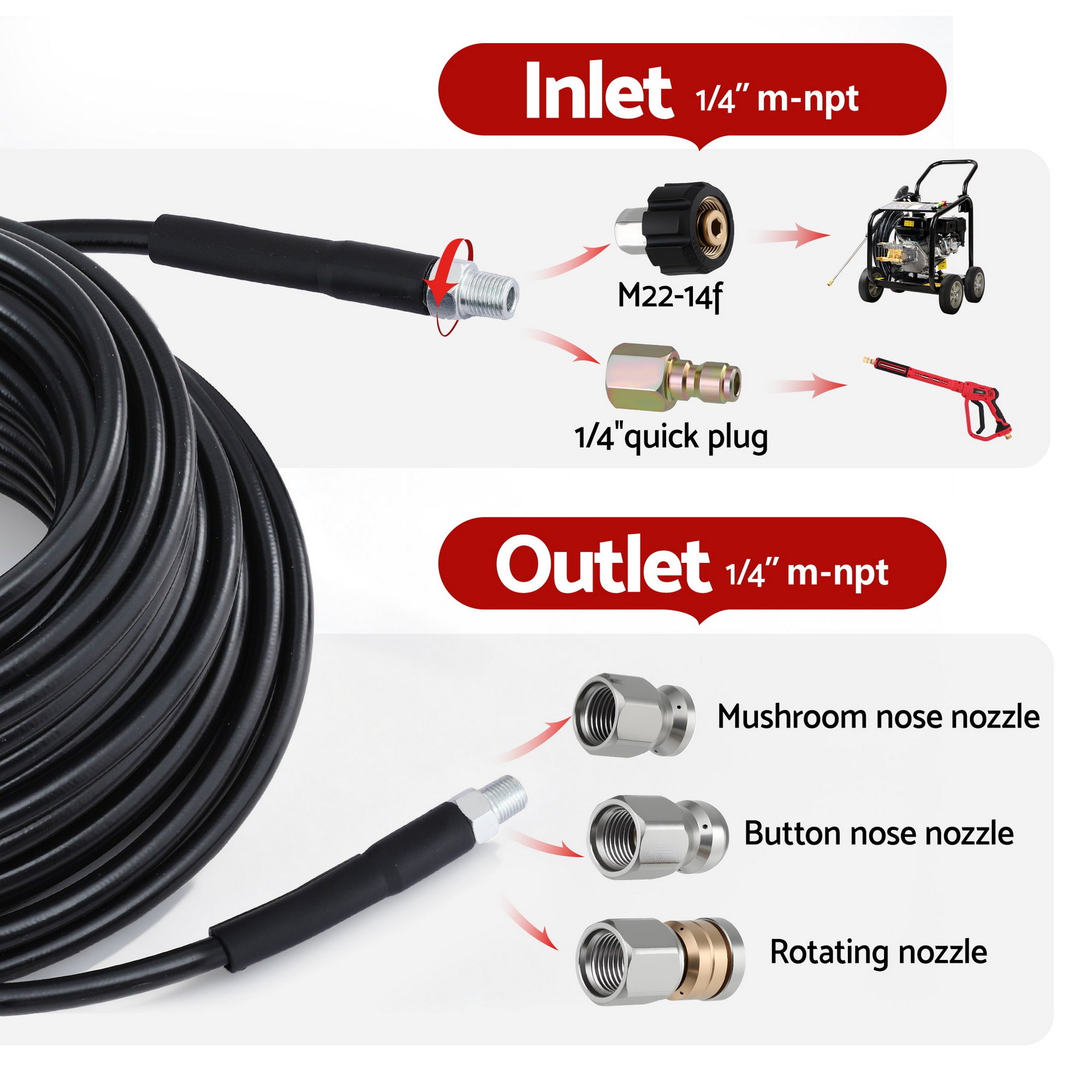 Giantz Pressure Washer Hose 30M 5800PSI Power Replacement Extension 1/4'' Quick Connect WASHER-HOSE-30M-BLK