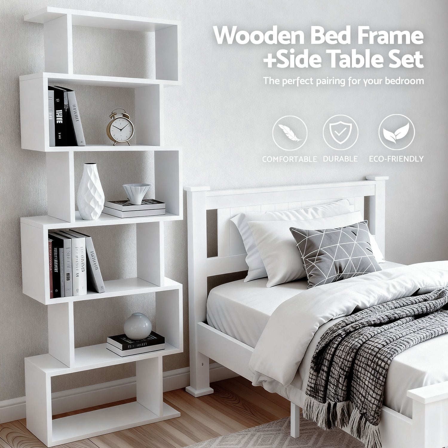 Artiss King Single Bed Frame and Bookshelf WBED-004KS-FURNI-DIS-AB