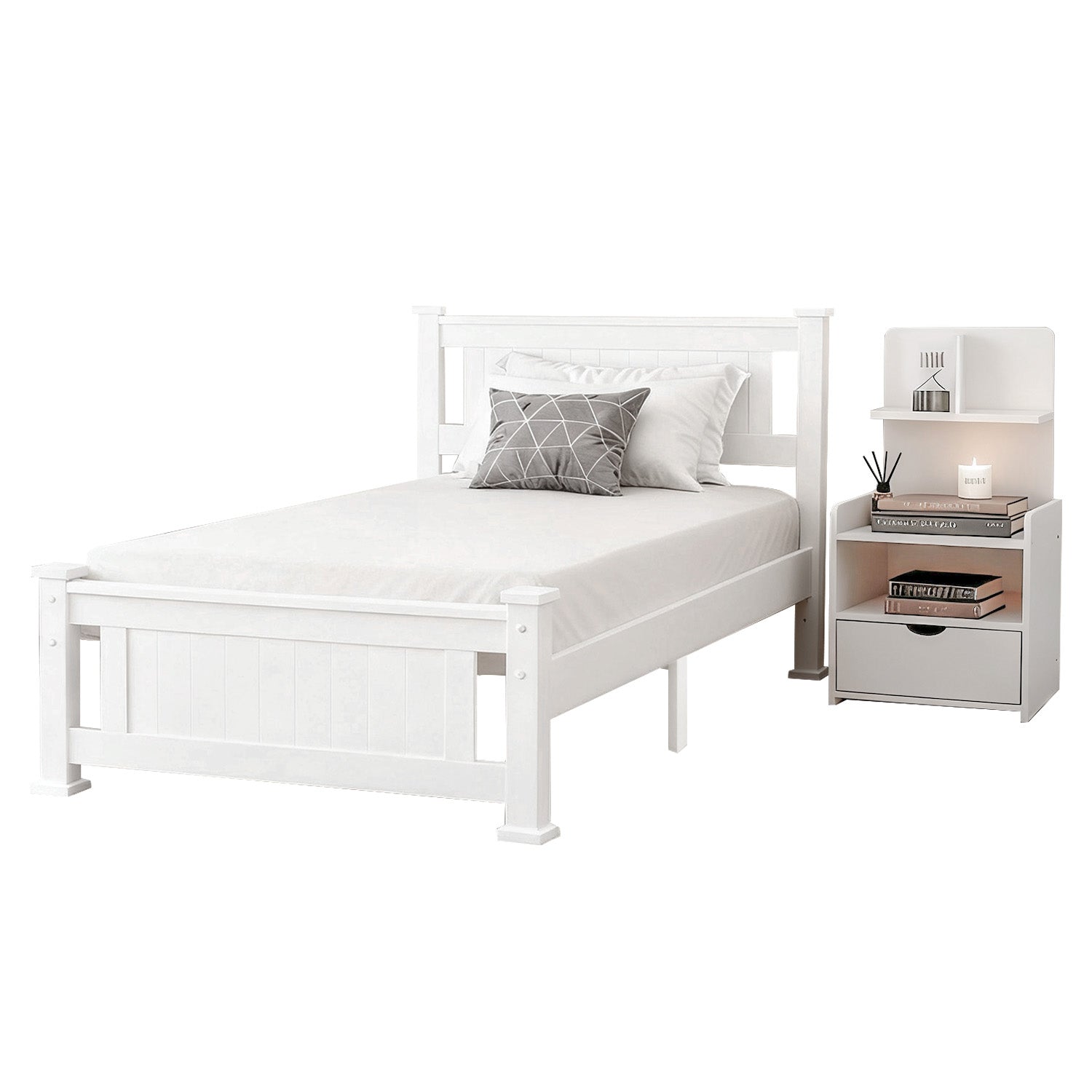 Artiss King Single Bed Frame and Bedside Table White WBED-004KS-FURNI-P16-AB