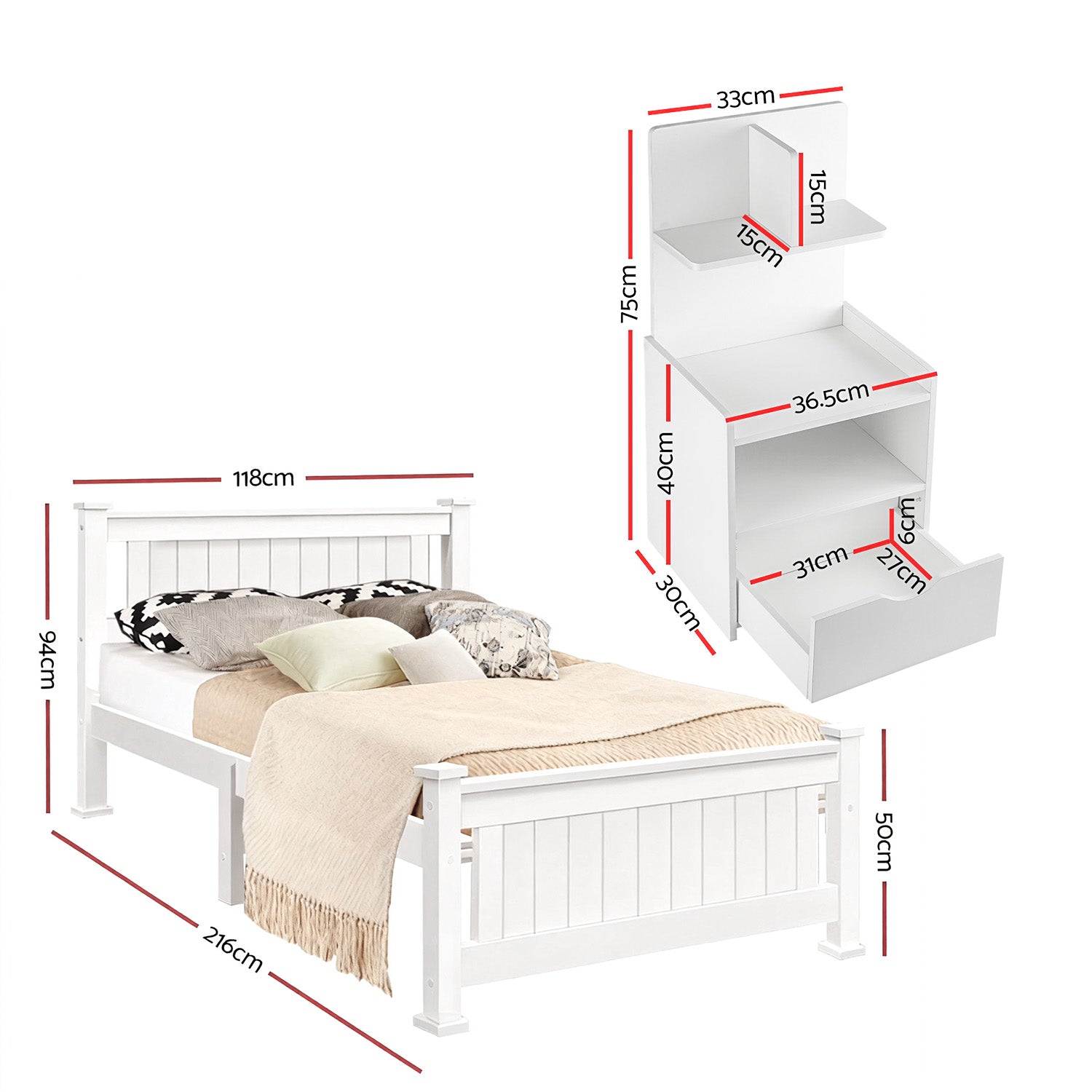 Artiss King Single Bed Frame and Bedside Table White WBED-004KS-FURNI-P16-AB