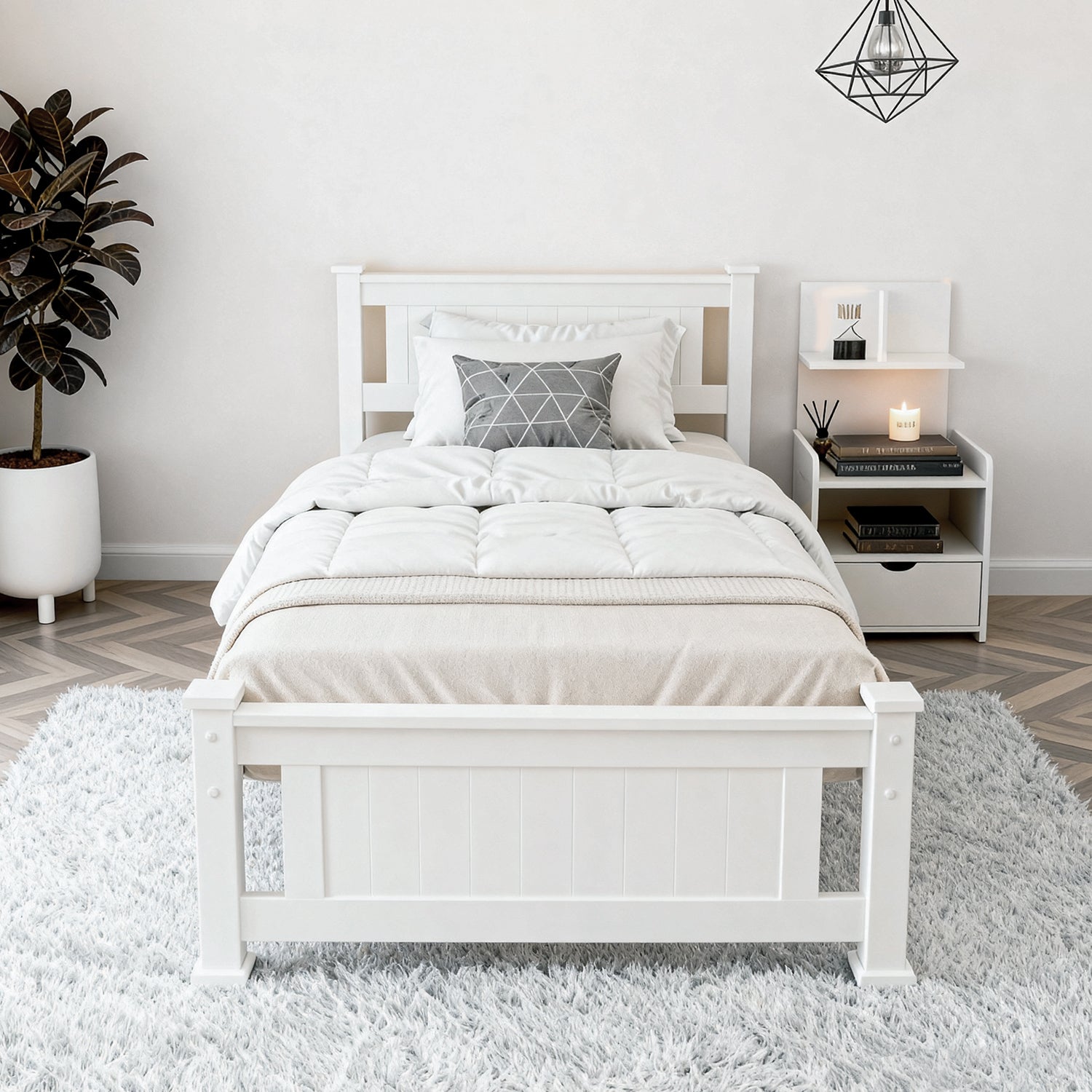 Artiss King Single Bed Frame and Bedside Table White WBED-004KS-FURNI-P16-AB