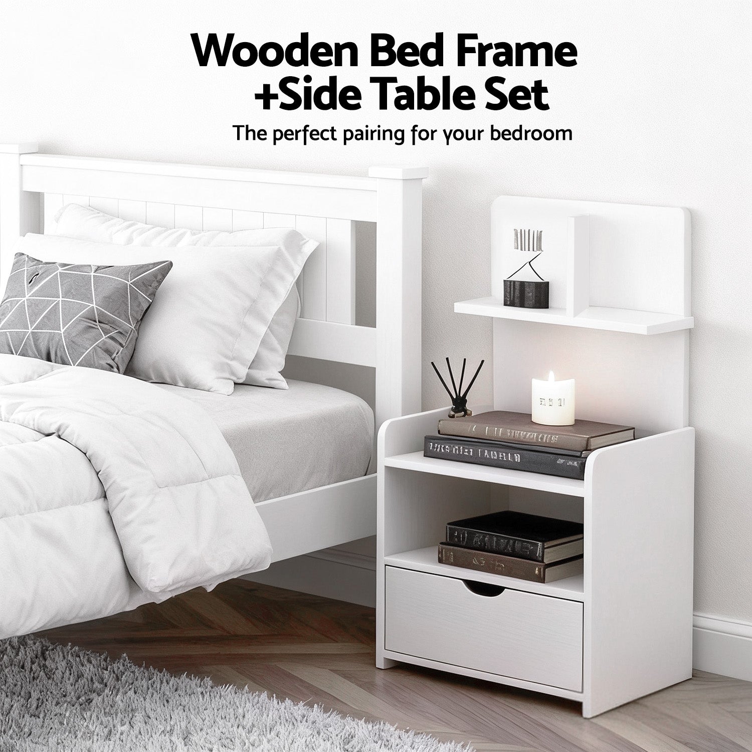 Artiss King Single Bed Frame and Bedside Table White WBED-004KS-FURNI-P16-AB