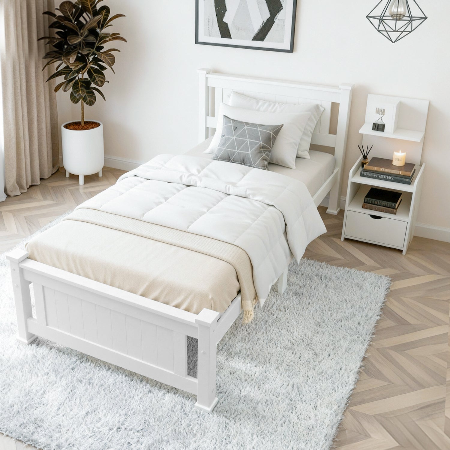 Artiss King Single Bed Frame and Bedside Table White WBED-004KS-FURNI-P16-AB